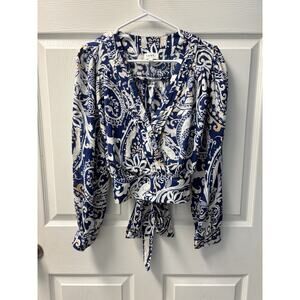 Nicole Miller cotton poplin wrap top Blue And White Large